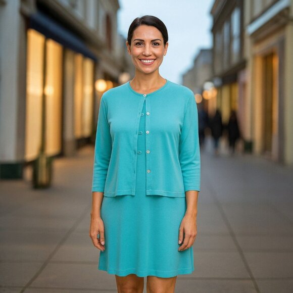 Joan Walters Aqua Blue Two Piece Dress Jacket Set Size 10 Vintage Minimalist - Picture 5 of 11